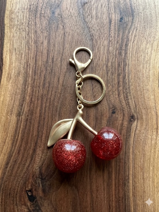 Accessories - Gold Cherry Keychain with Red Glitter Charms